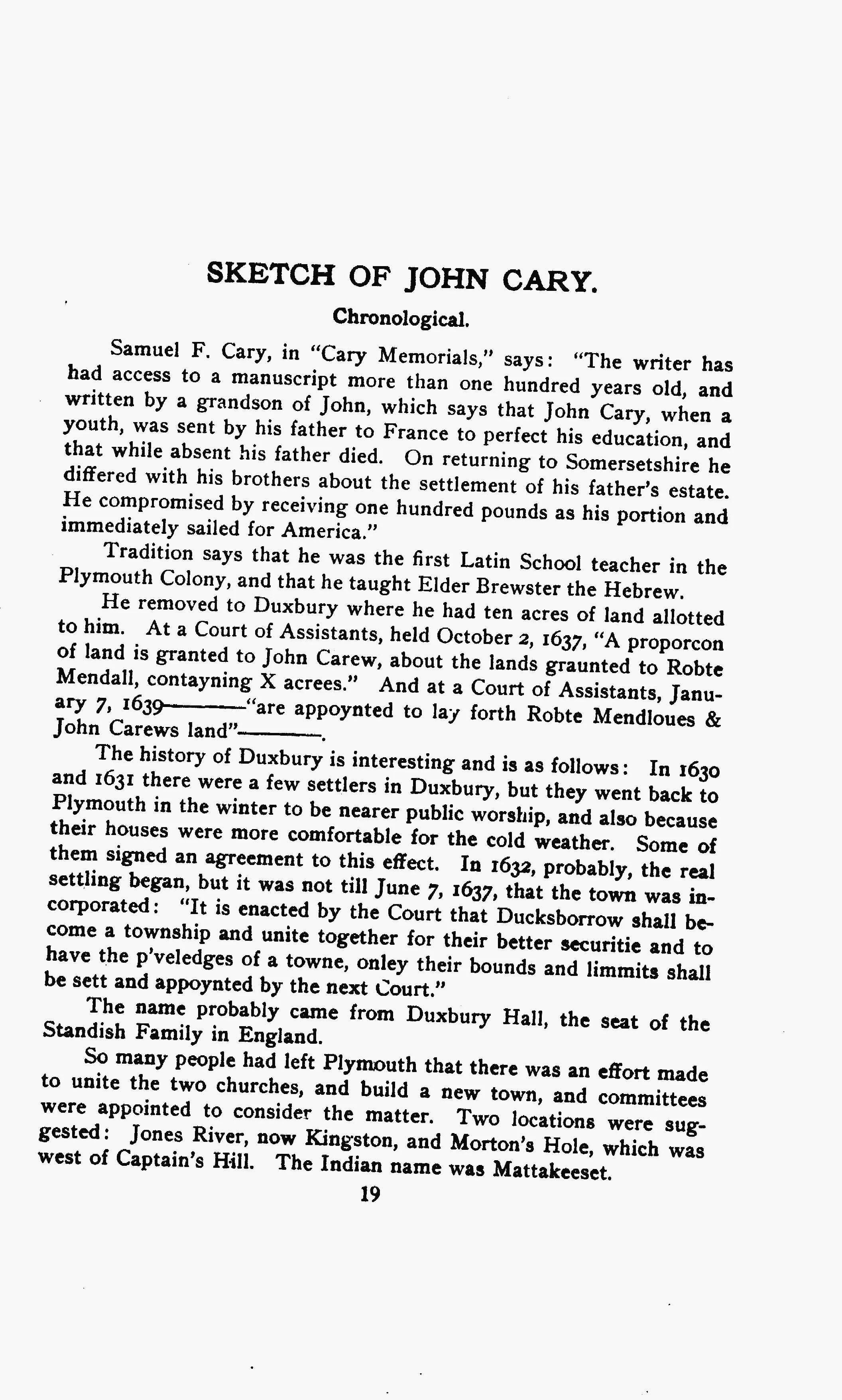 Page from John Cary the Plymouth Pilgrim showing the John Carew spelling in the 1637 and 1639 Plymouth court records