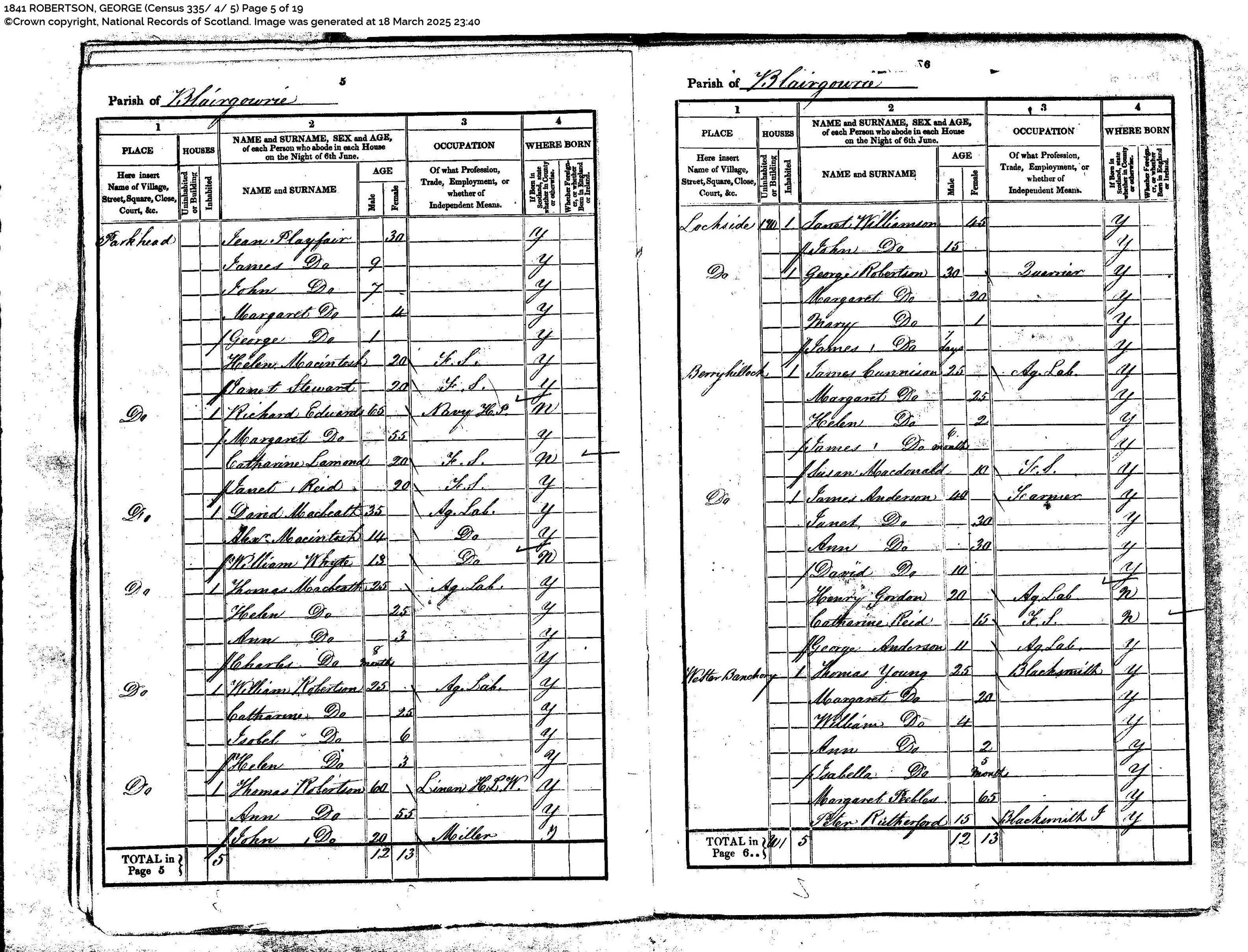 1841 Census - George Robertson Household