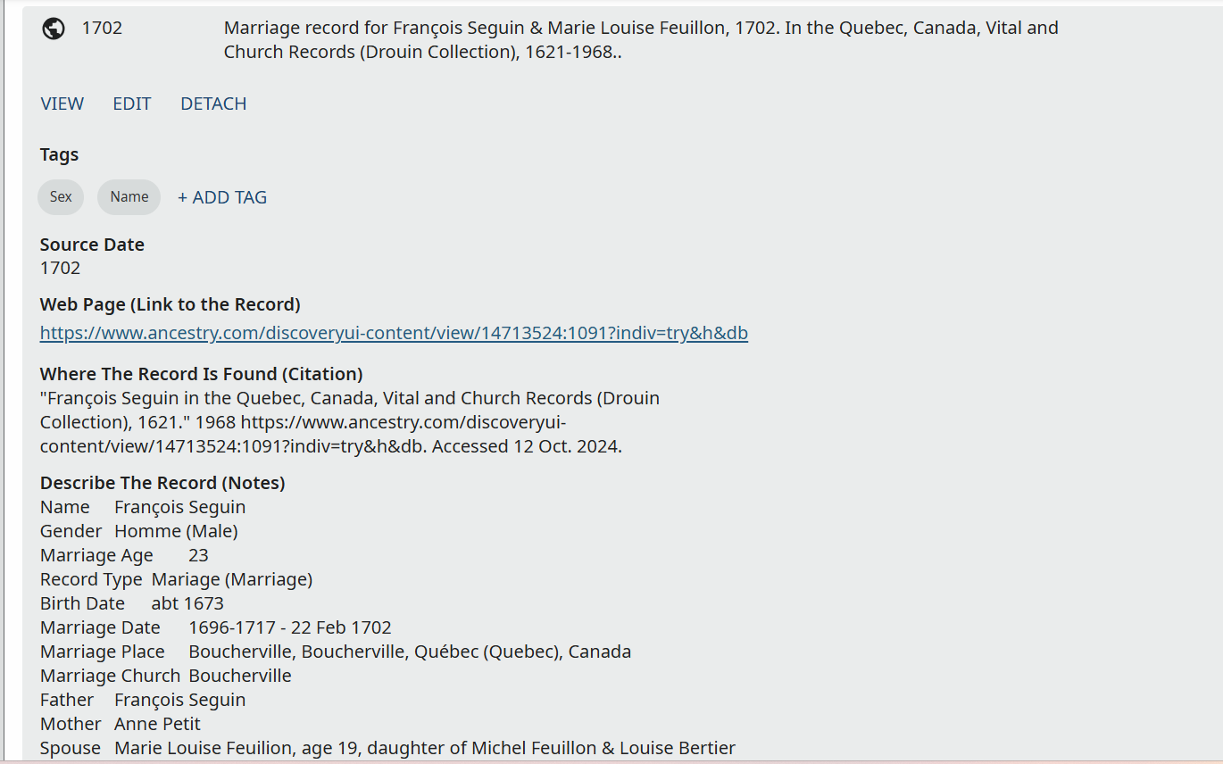 Source information for 1702 marriage of Francois Seguin