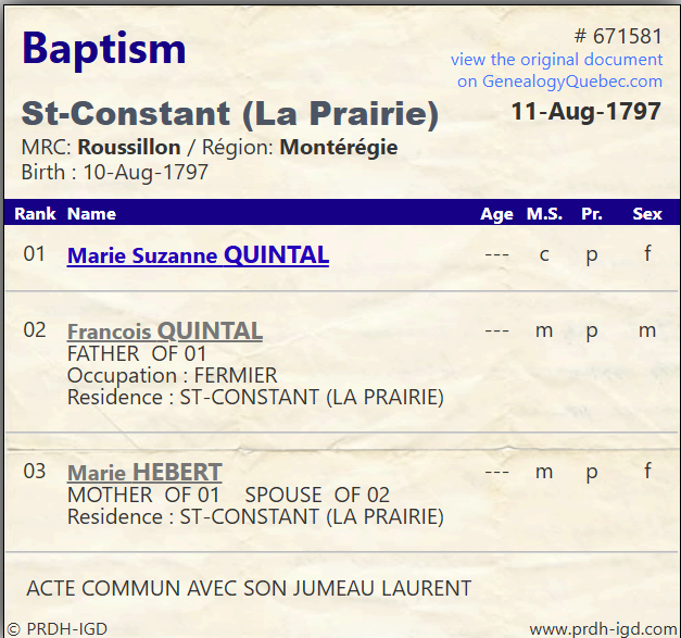 PRDH-IGD database record for Marie Suzanne Quintal baptism, August 11, 1797, PRDH #671581