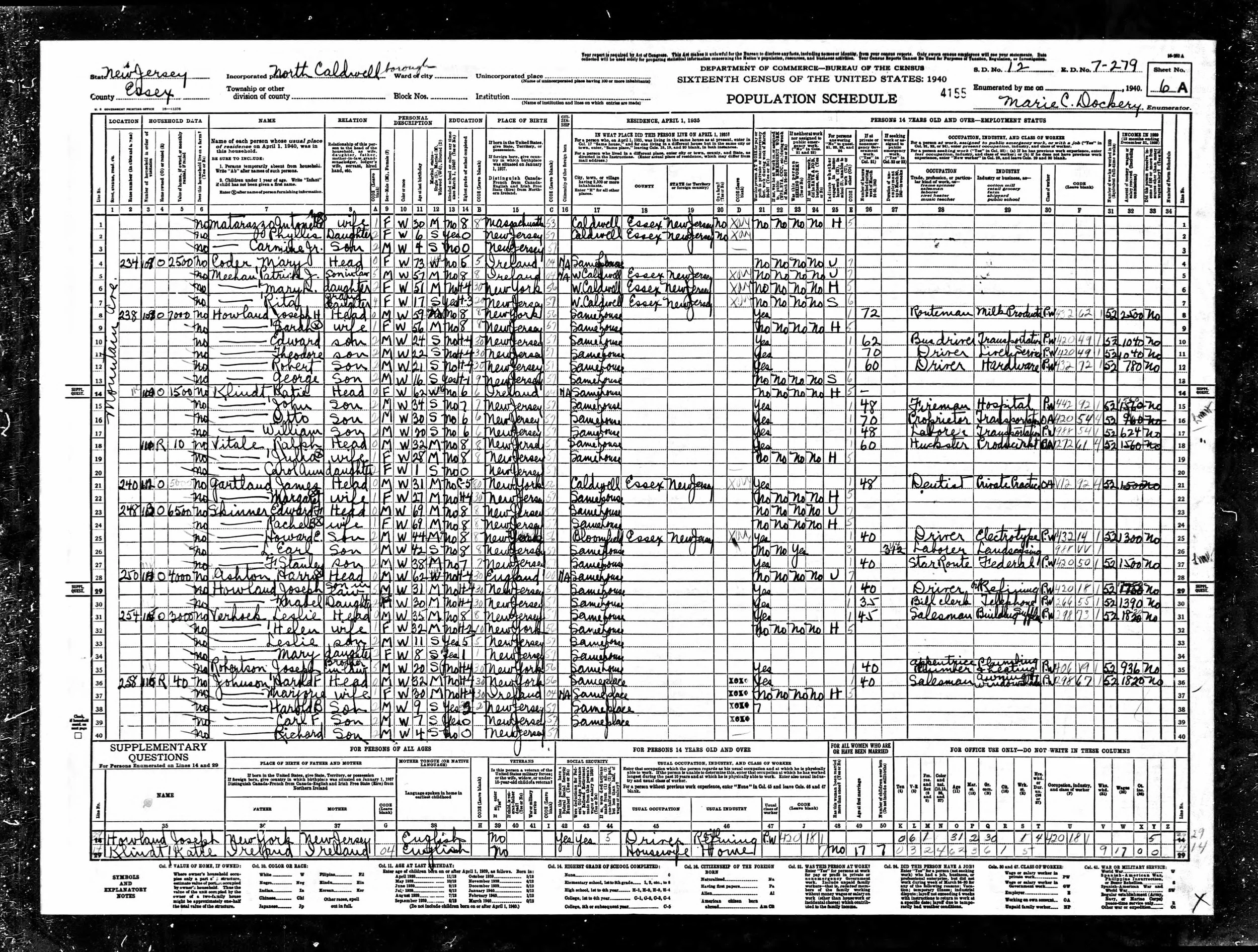 1940 US Federal Census North Caldwell New Jersey Verhoek Leslie head salesman building supplies Helen wife age 32 Leslie son 11 Mary daughter 8 Joseph Robertson brother in law apprentice plumber age 20