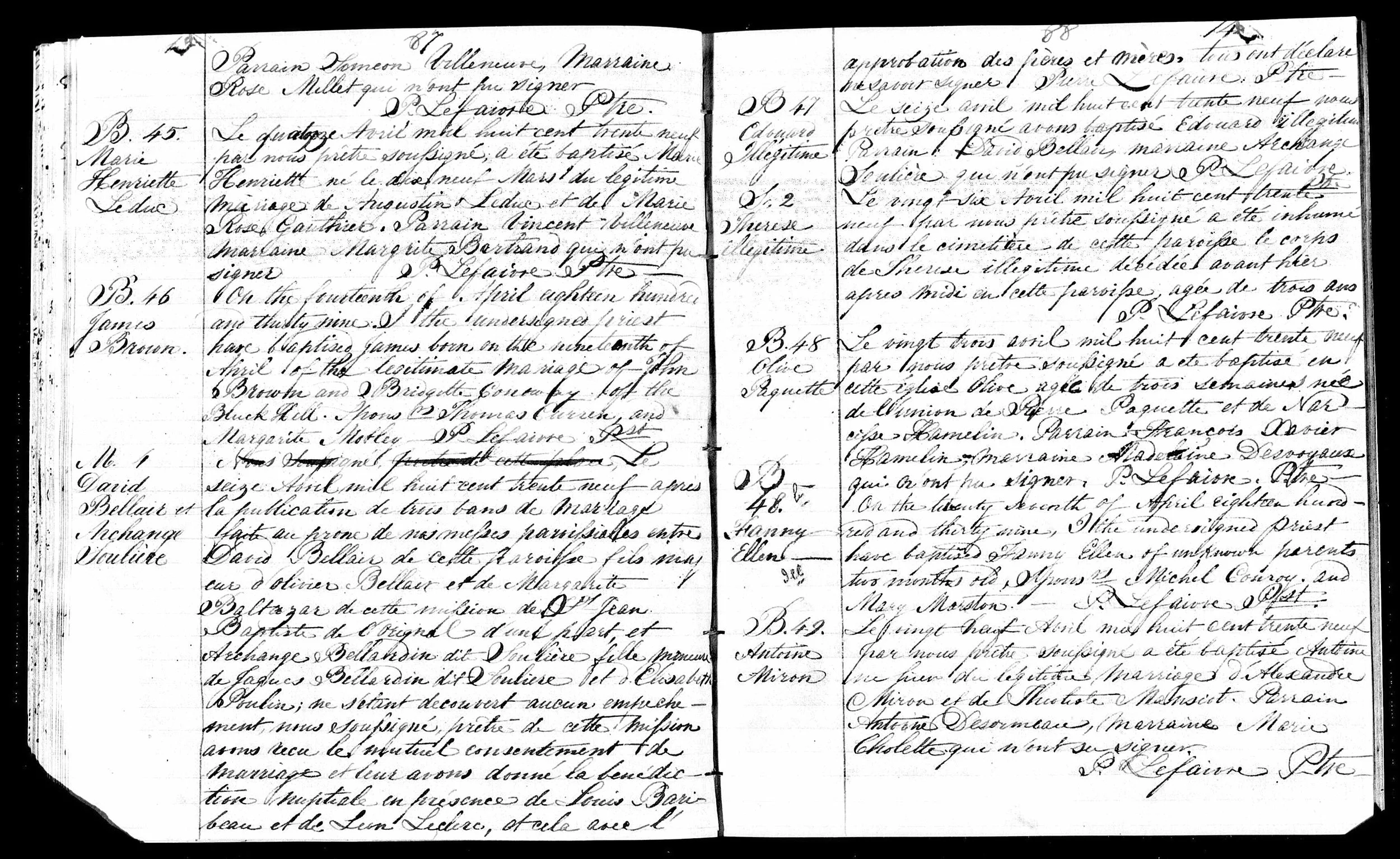 1839 marriage register, L'Orignal