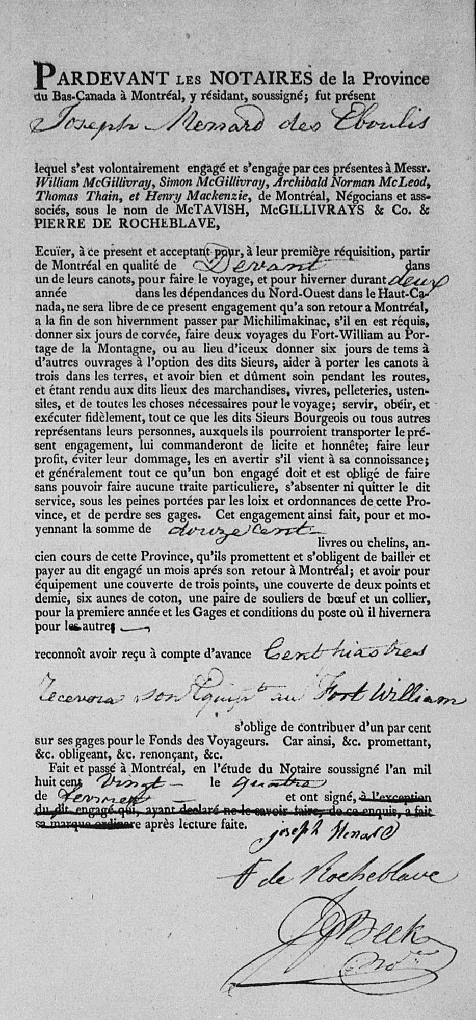 Beek engagement of Joseph Menard des Eboulis, 4 February 1820, full page