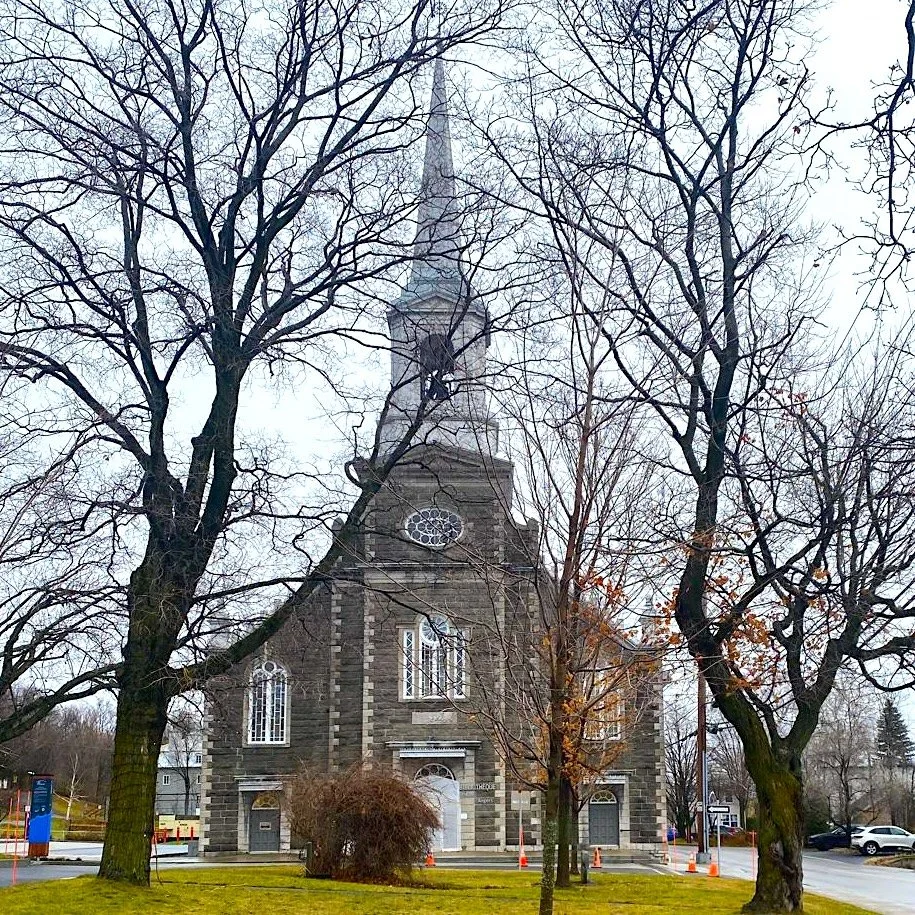 Église Saint-François-de-Sales in late autumn, bare trees framing the stone facade