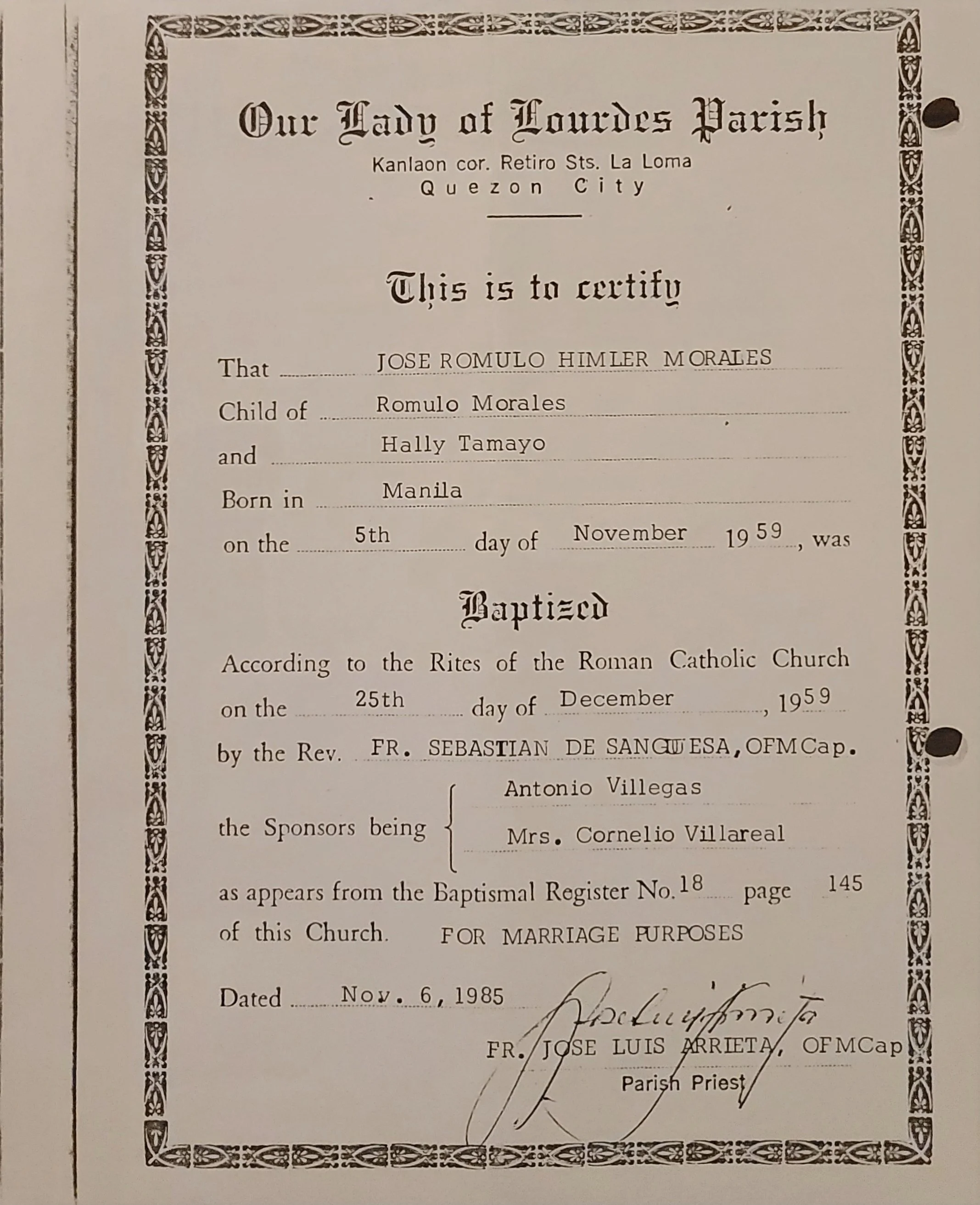 Baptismal Certificate for Jose Romulo Himler Morales, 1959