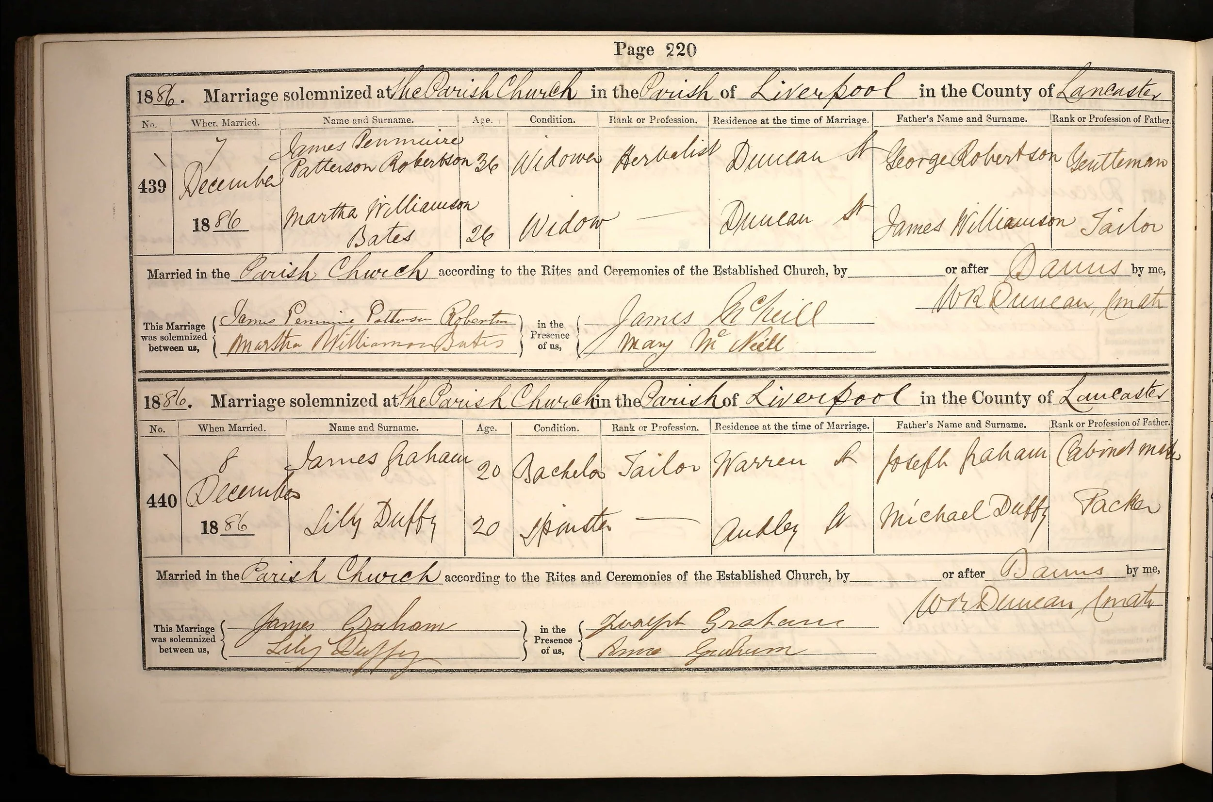 1886 Liverpool marriage of James Penmuire Patterson Robertson, gamekeeper, to Martha Williamson Bates