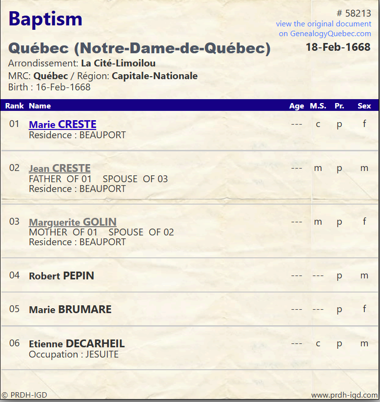 PRDH baptism card for Marie Crête II