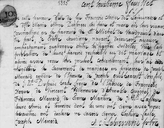 Detail of 1815 marriage record for Gabriel Guilbeault and Josette Closier