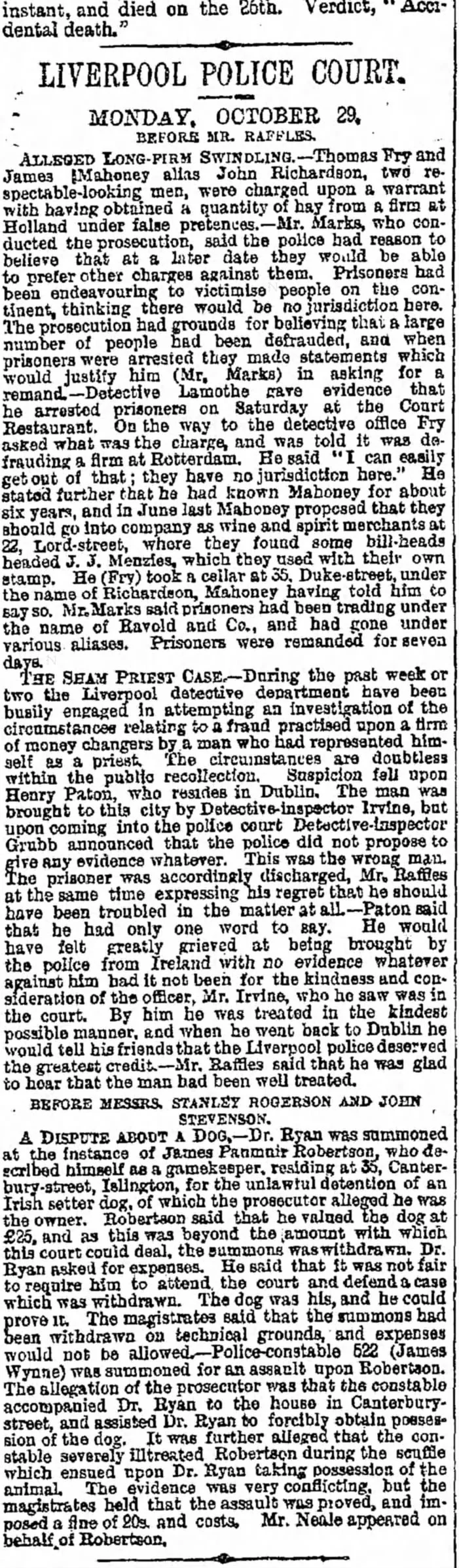 1888 Liverpool Police Court report naming James Panmuir Robertson, gamekeeper