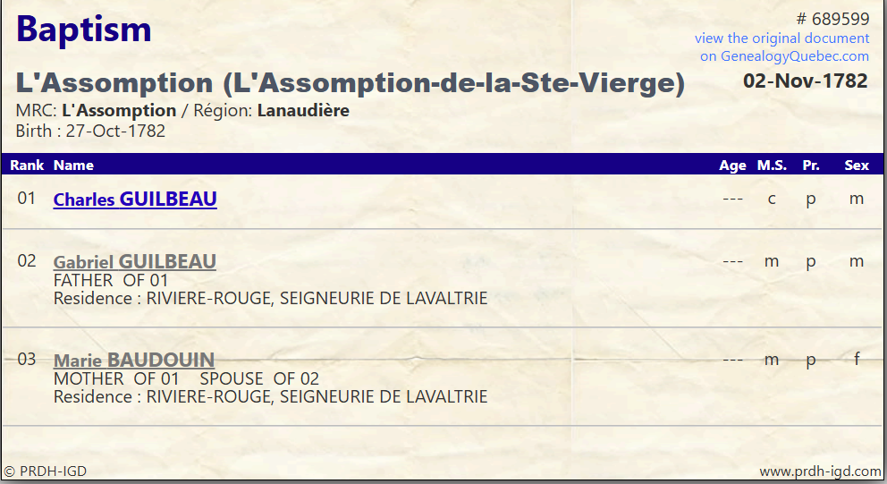 PRDH Baptism Charles 2 1782