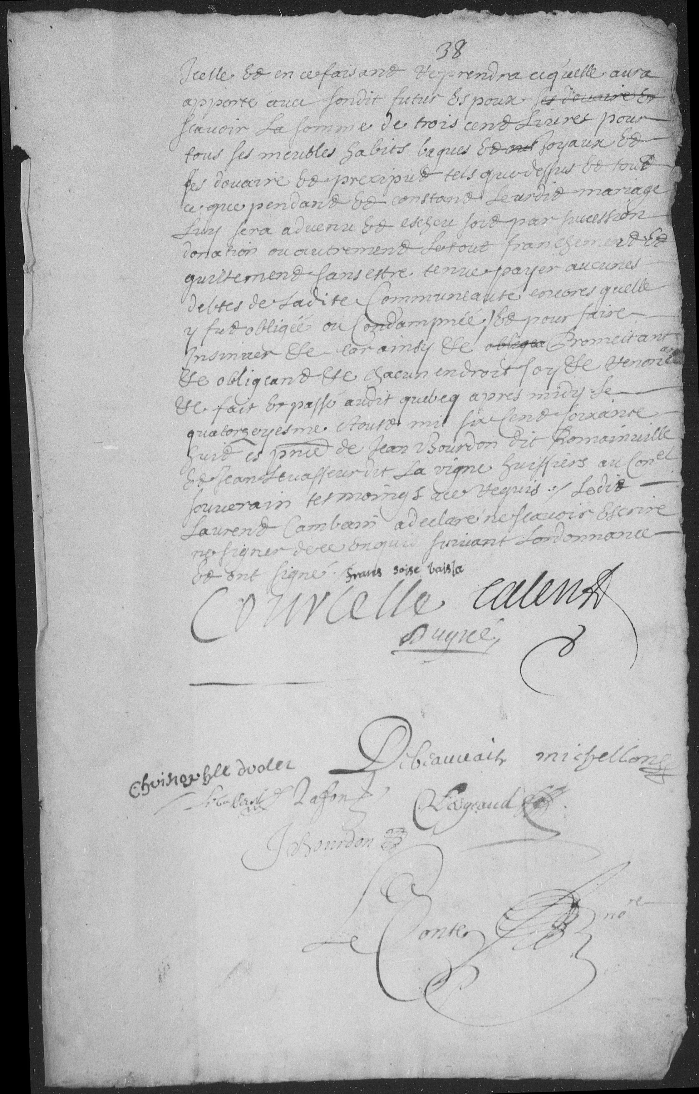 Marriage contract of 14 August 1668, folio 38 recto, with the signatures