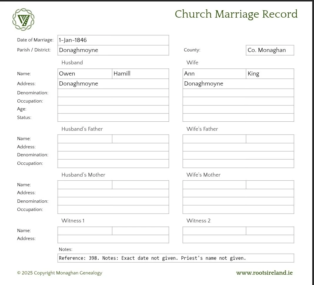 1846 Marriage Record - Owen Hamill & Ann King