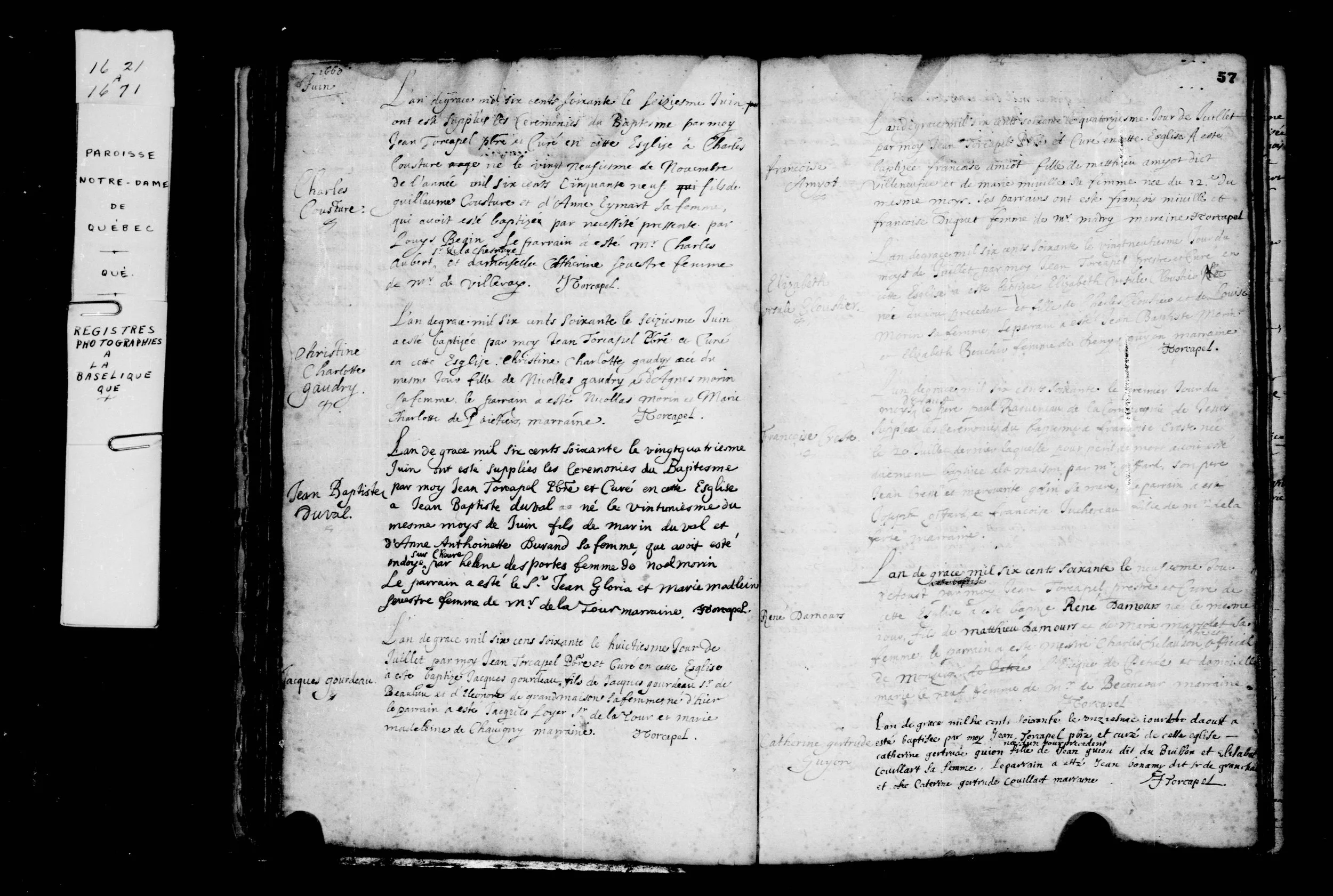 1660 baptism register of Françoise Crête at Notre-Dame de Québec — Robert Giffard personally emergency-baptized the infant at his manor when she lay in danger of death