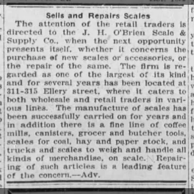 Sells and Repairs Scales newspaper article