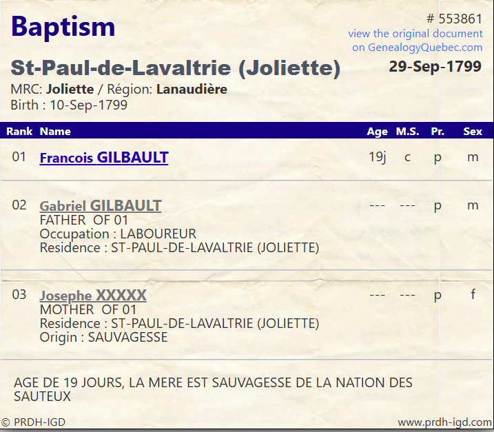 PRDH Baptism François mother Josephte Sauvagesse de la nation des Sauteux