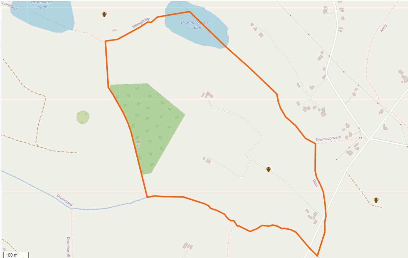 OpenStreetMap detail of the townland of Dian, outlined in orange, showing its position between Edengilrew and Drumaconvern in Donaghmoyne parish.