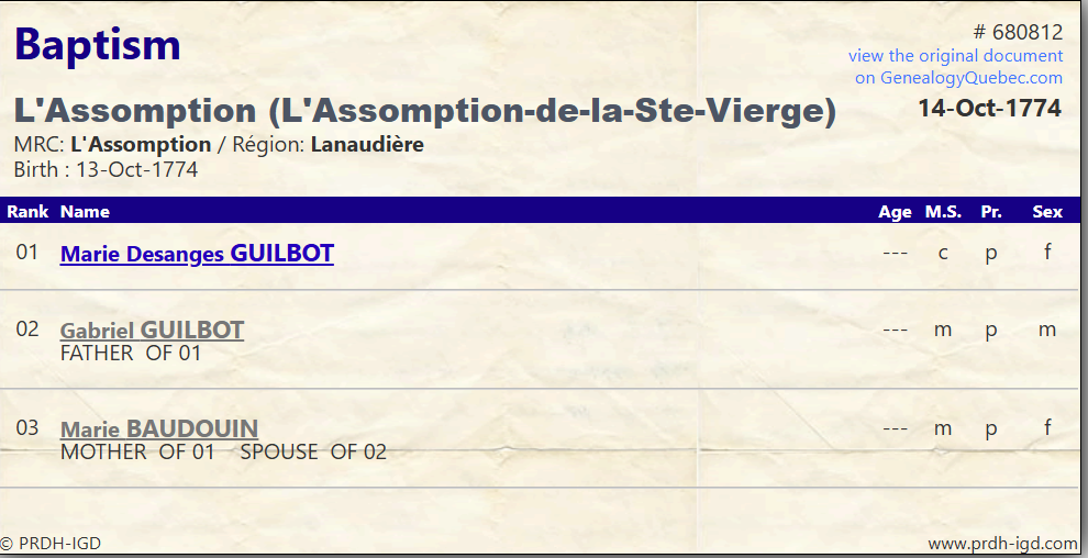 PRDH Baptism Marie Desanges 1774