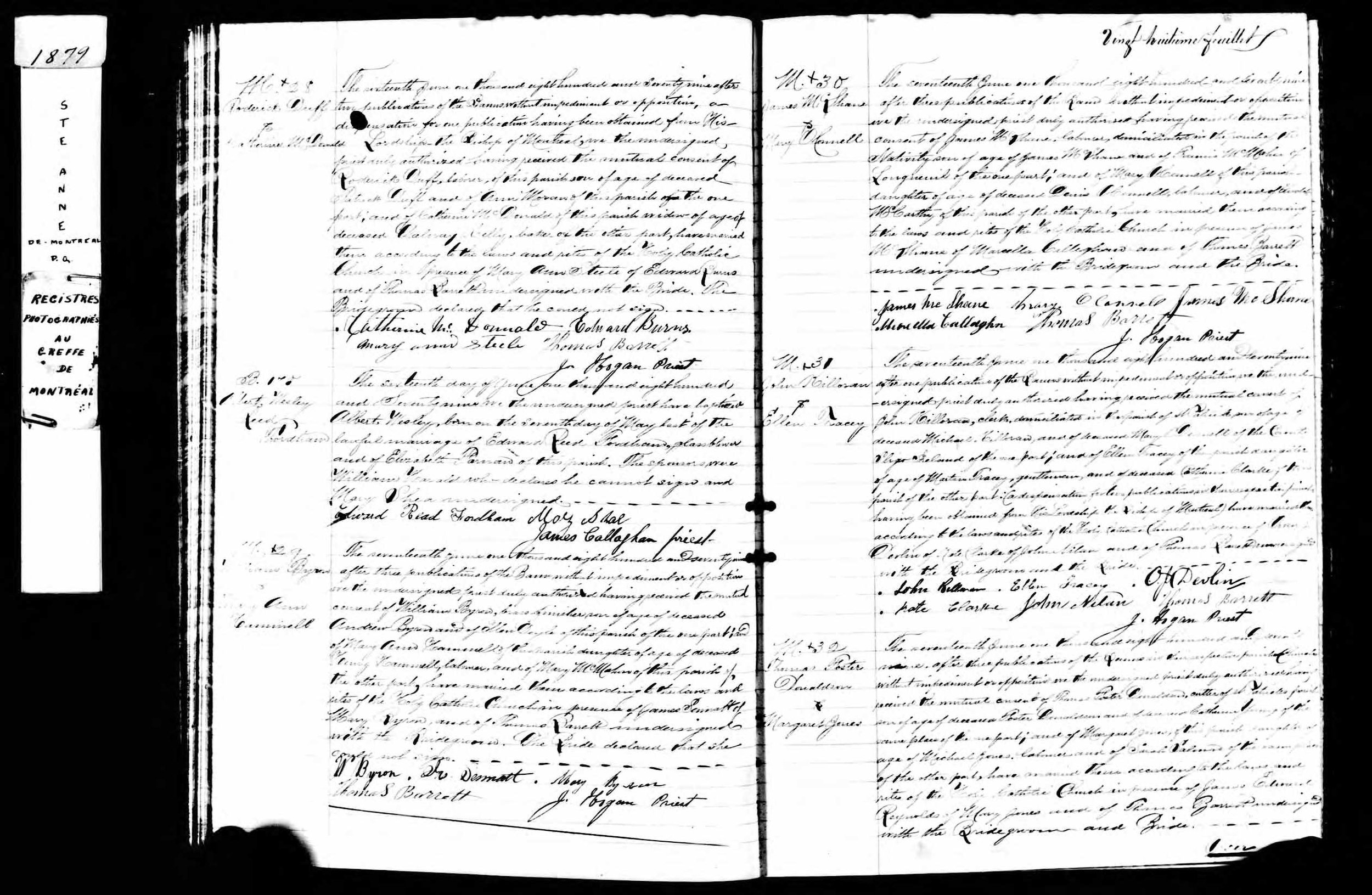 Marriage register page, St. Anne's Church, 1879