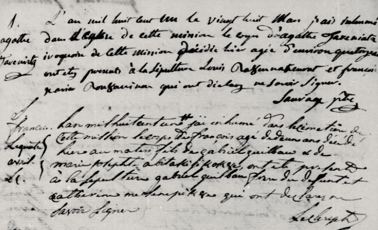 1799 Oka register detail showing Catherine Missinebi8e in Father Malard's hand