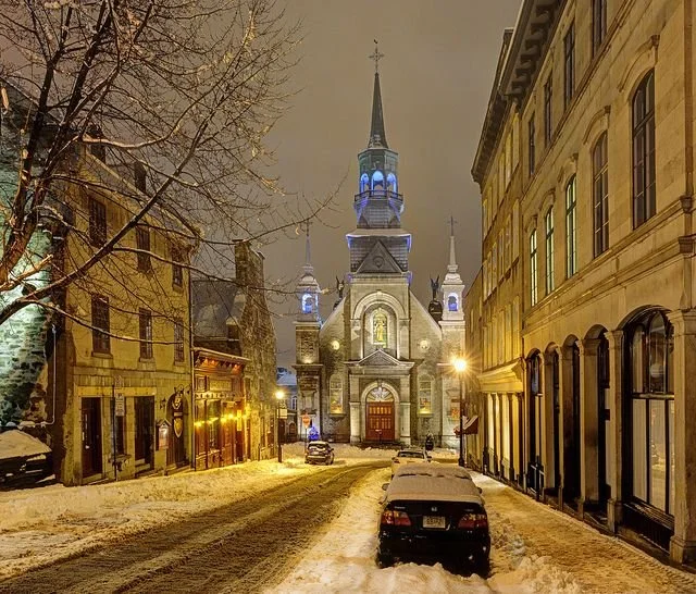 Notre-Dame-de-Bon-Secours Chapel at night in winter