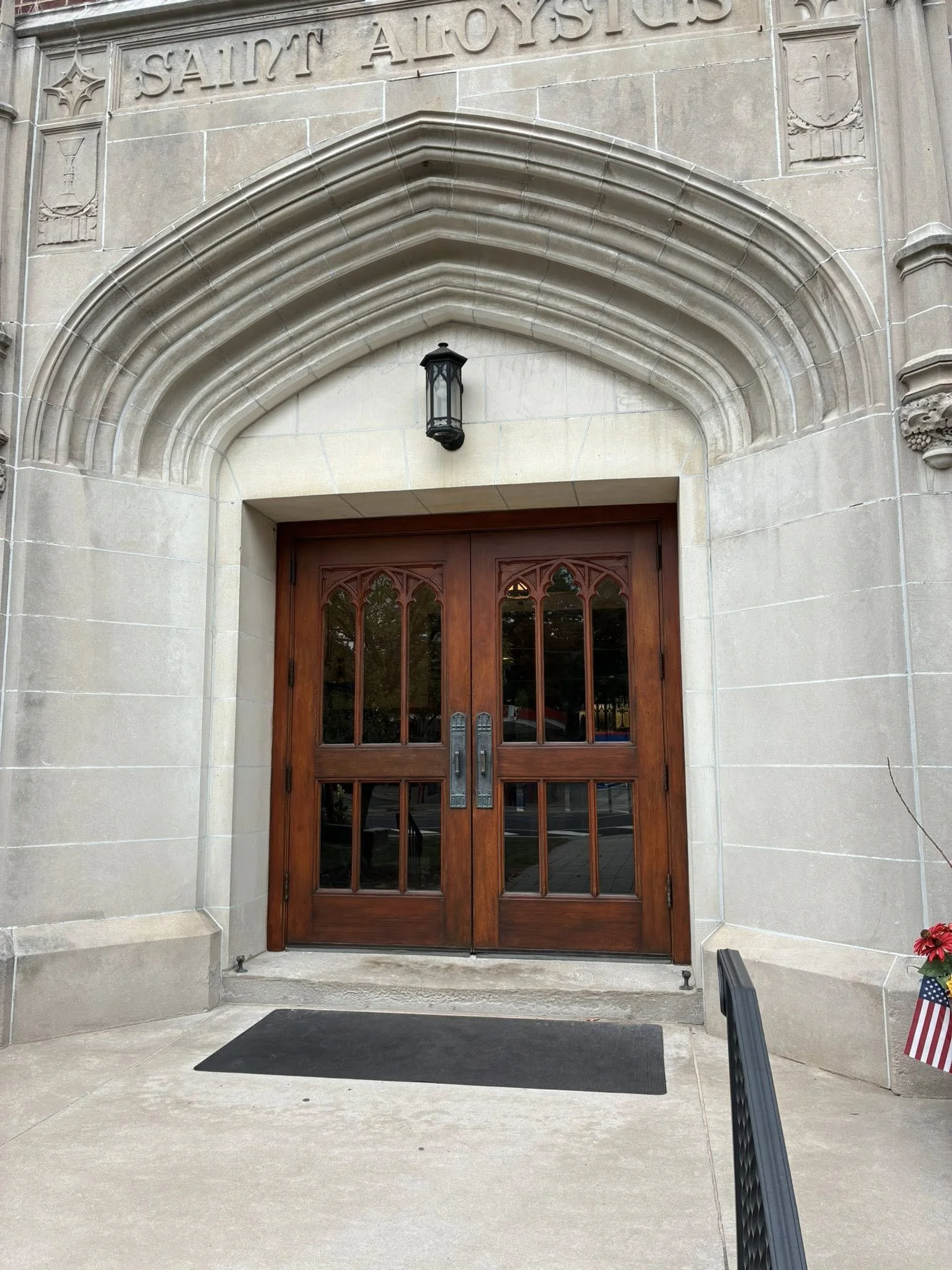 Gothic arched entrance doors of St. Aloysius Church