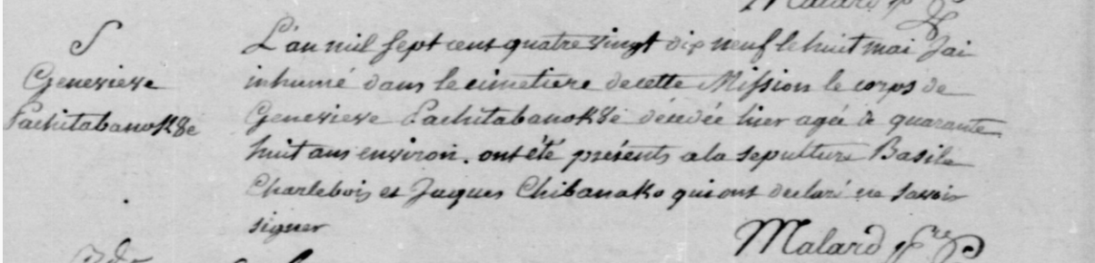 Typed transcription of the 1799 burial record of Genevi&egrave;ve Pachitabanok8e at the Oka mission, signed by Father Malard