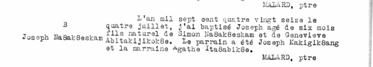 Cadieux typed transcription of 1796 Joseph baptism