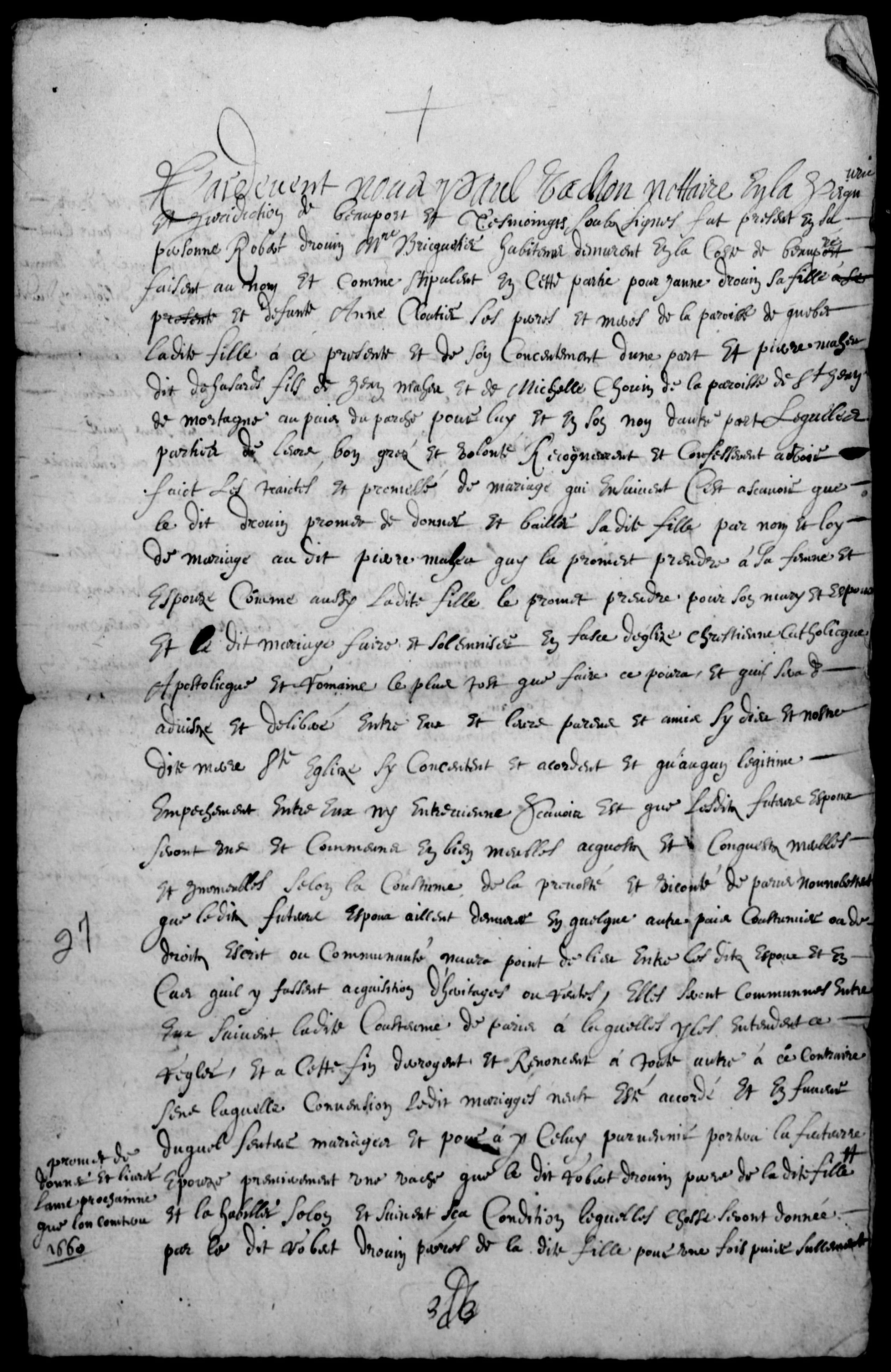 The 1659 marriage contract of Jeanne Drouin, sister of Geneviève, showing the sibling pattern of settlement at marriage