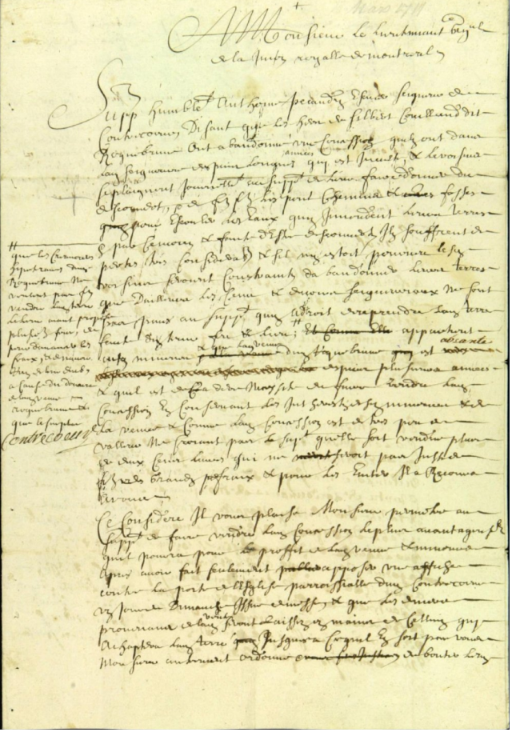 First page of the sixteen-page judicial file for the 1711 licitation and adjudication of the Couillaud concession at Contrecoeur