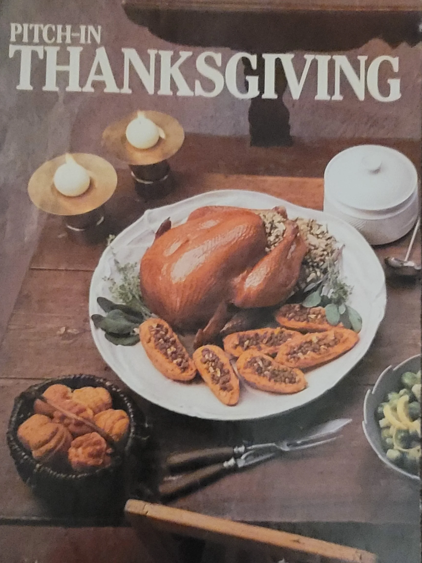 Pitch-In Thanksgiving magazine cover from 1986 showing a golden turkey surrounded by twice-baked sweet potatoes