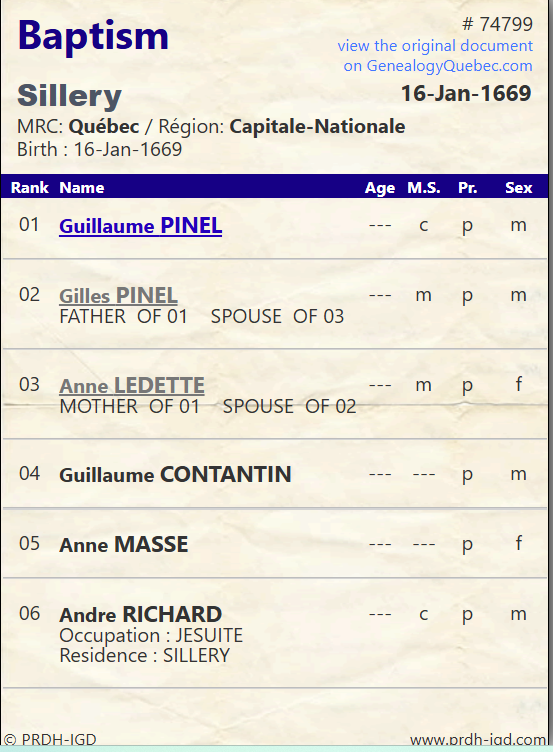 PRDH Baptism Guillaume Pinel