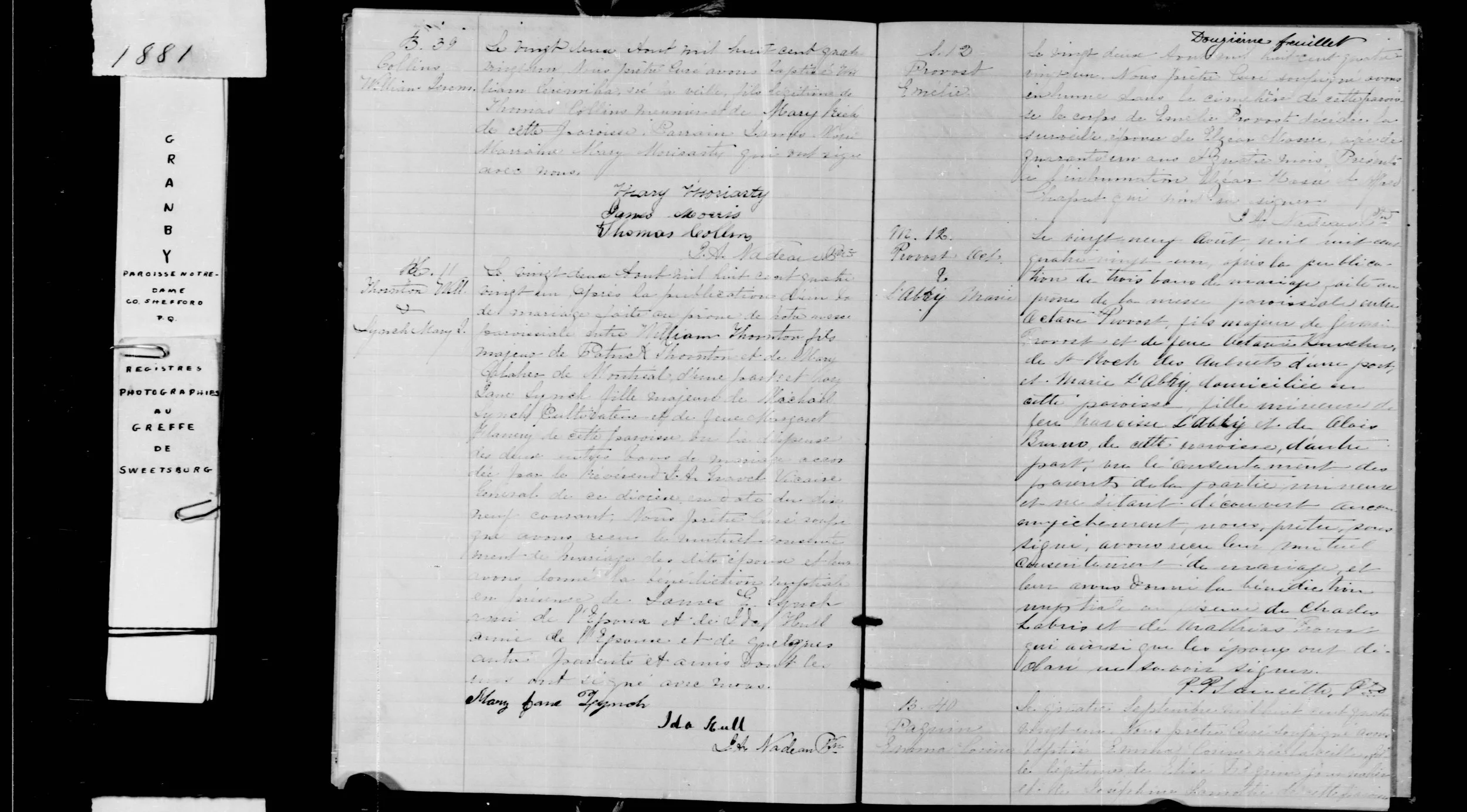 Quebec marriage register 1881 showing William Thornton marriage to Mary Jane Lynch, Granby