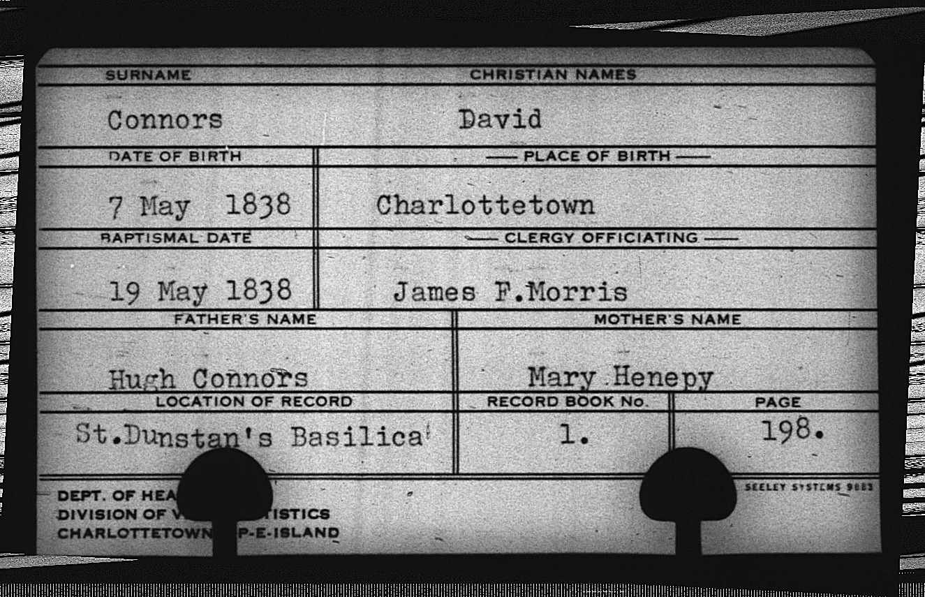 Baptism record for David Connors, 1838