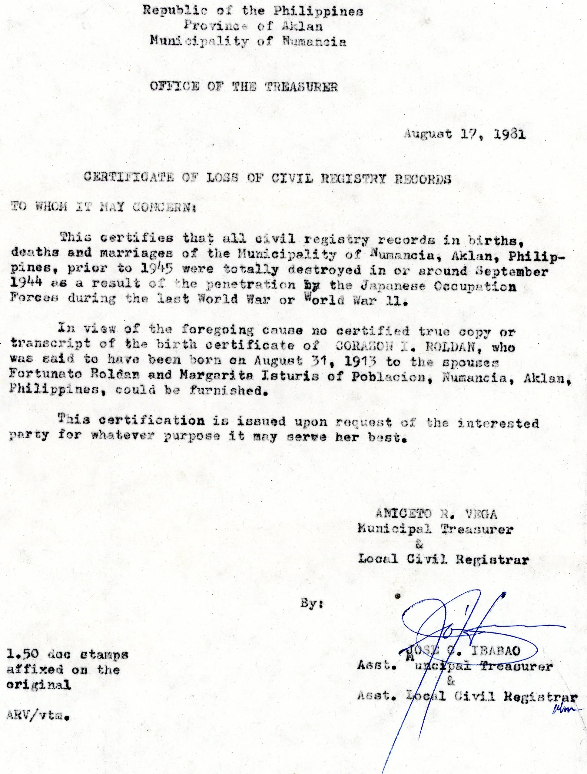 Certificate of Loss — birth of Corazon I. Roldan