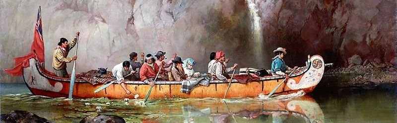 Voyageurs paddling a large canoe, painting by Frances Anne Hopkins