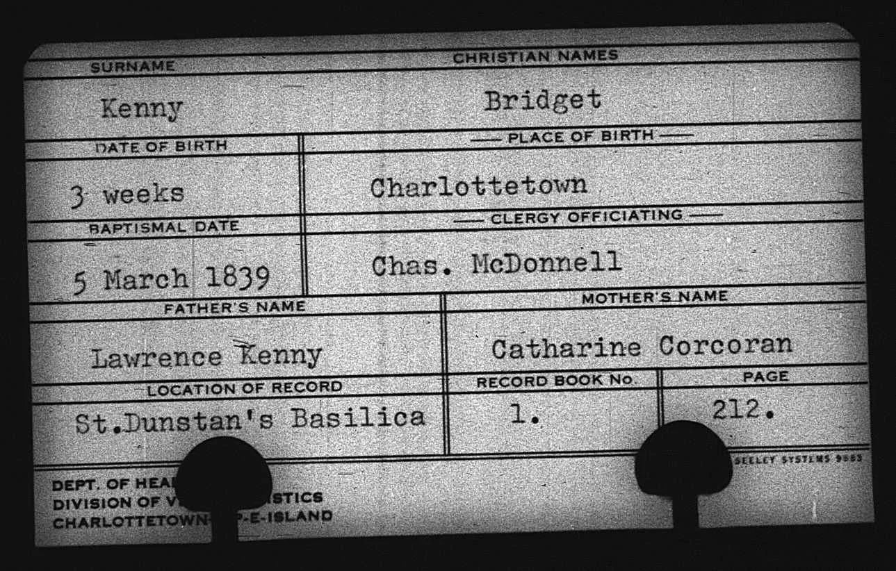 Baptism record for Bridget Kenny, 1839