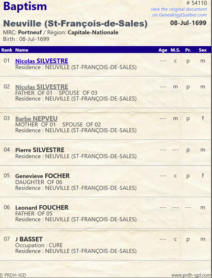 PRDH Baptism Nicolas 1699