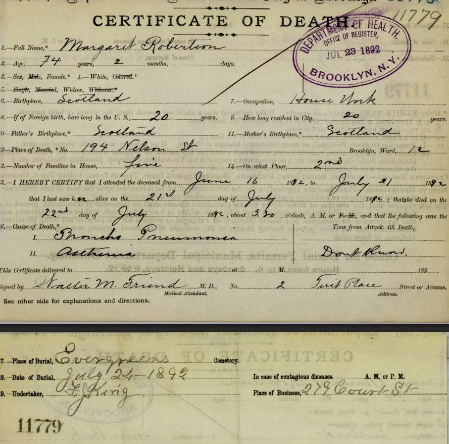 1892 Death Certificate - Margaret Robertson