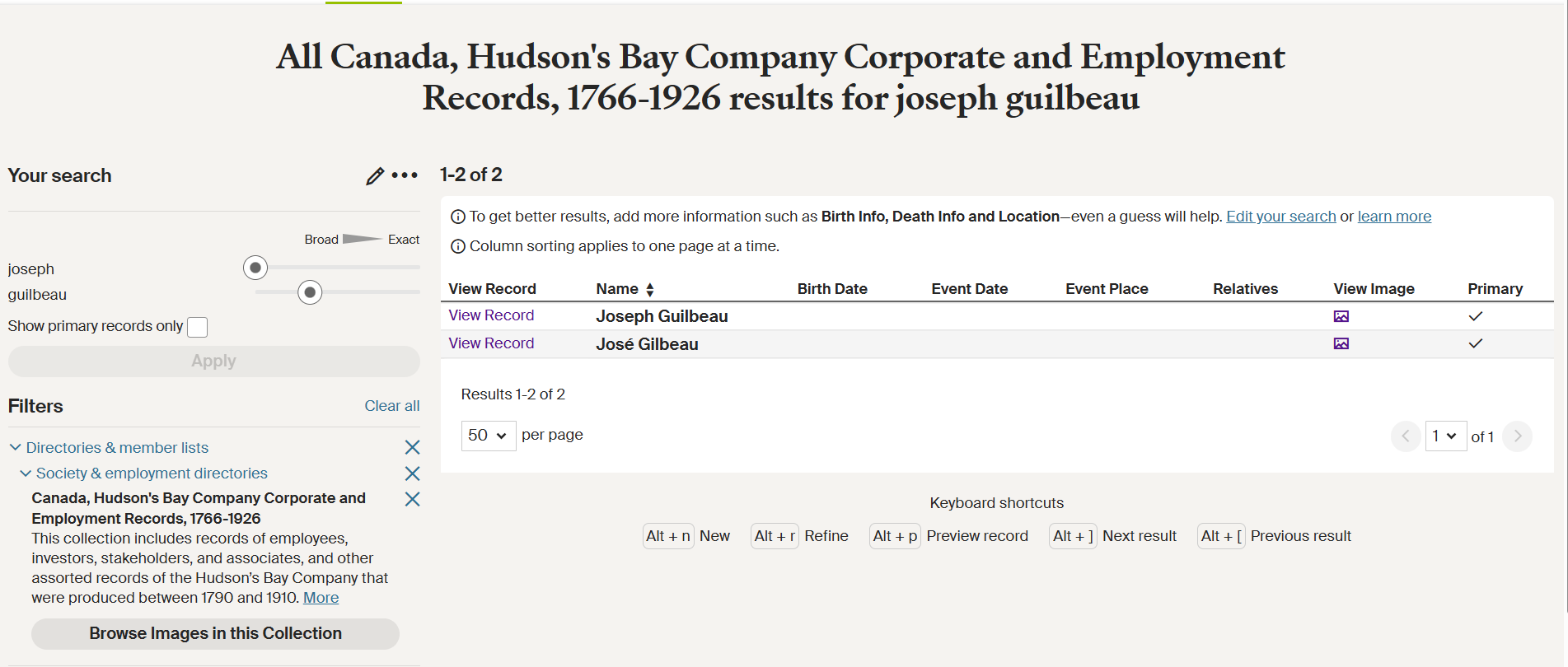 Ancestry search for Joseph Guilbeau in Hudson Bay Company Corporate and Employment Records showing Joseph Guilbeau and José Gilbeau results