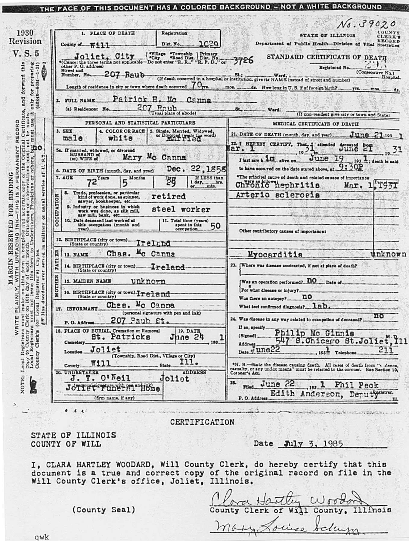 Patrick Death Certificate