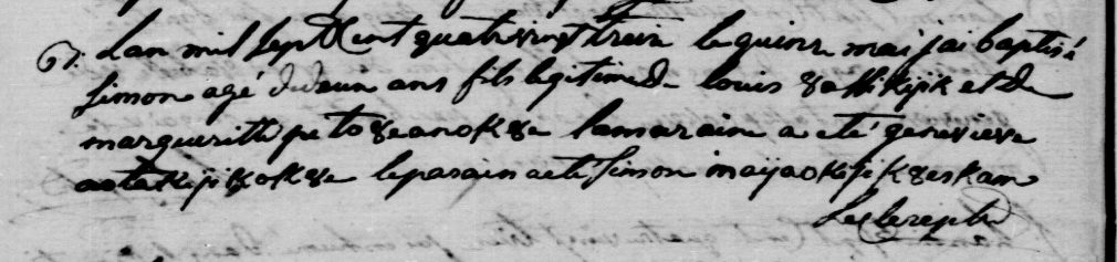 Detail of 1793 May 15 baptism of Simon showing Genevieve oatakijikok8e as godmother