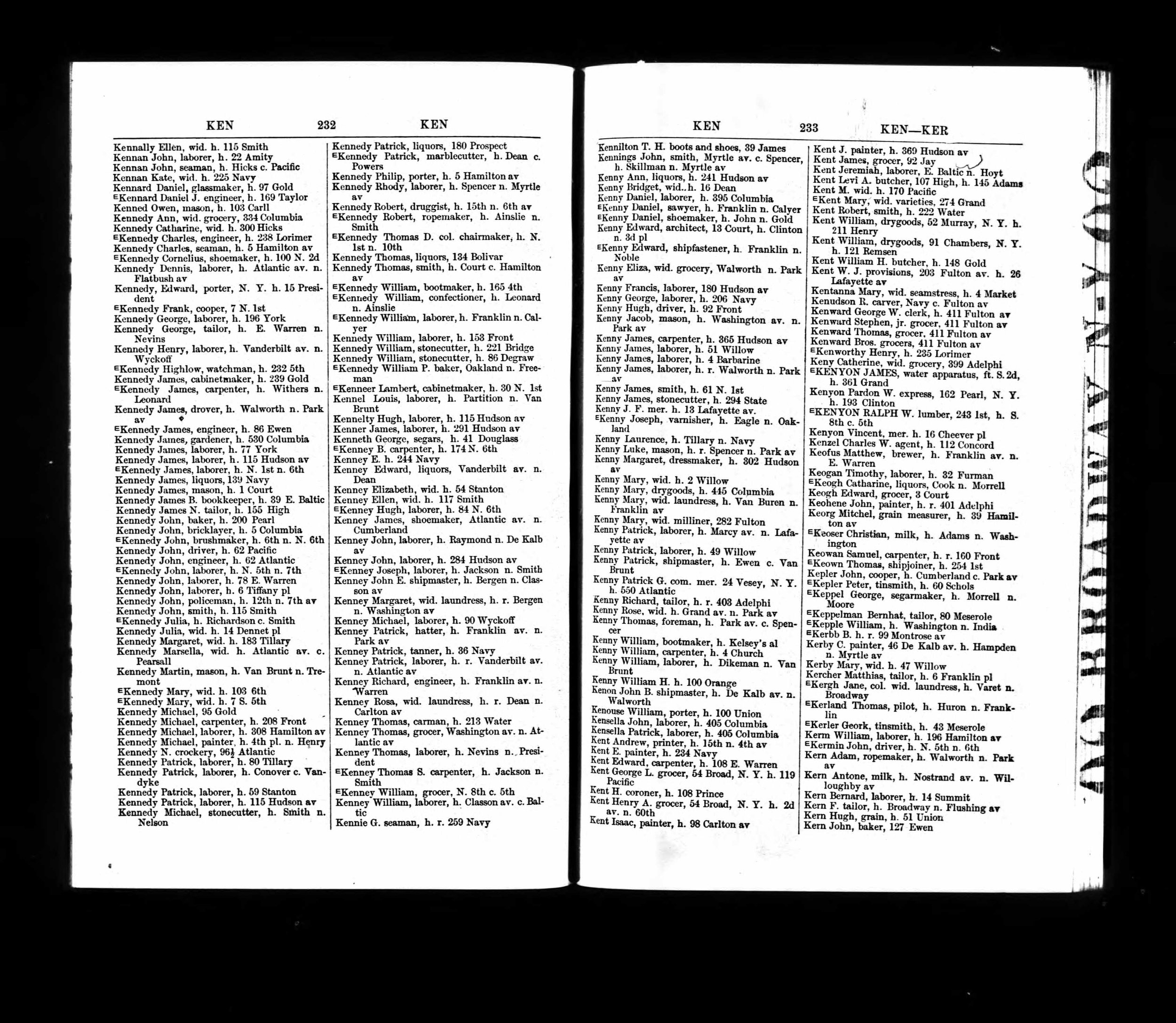 Brooklyn City Directory, 1862: Kenny Thomas, foreman, Park av. c. Spencer, and Kenny Eliza, wid. grocery, Walworth n. Park av, on the same page