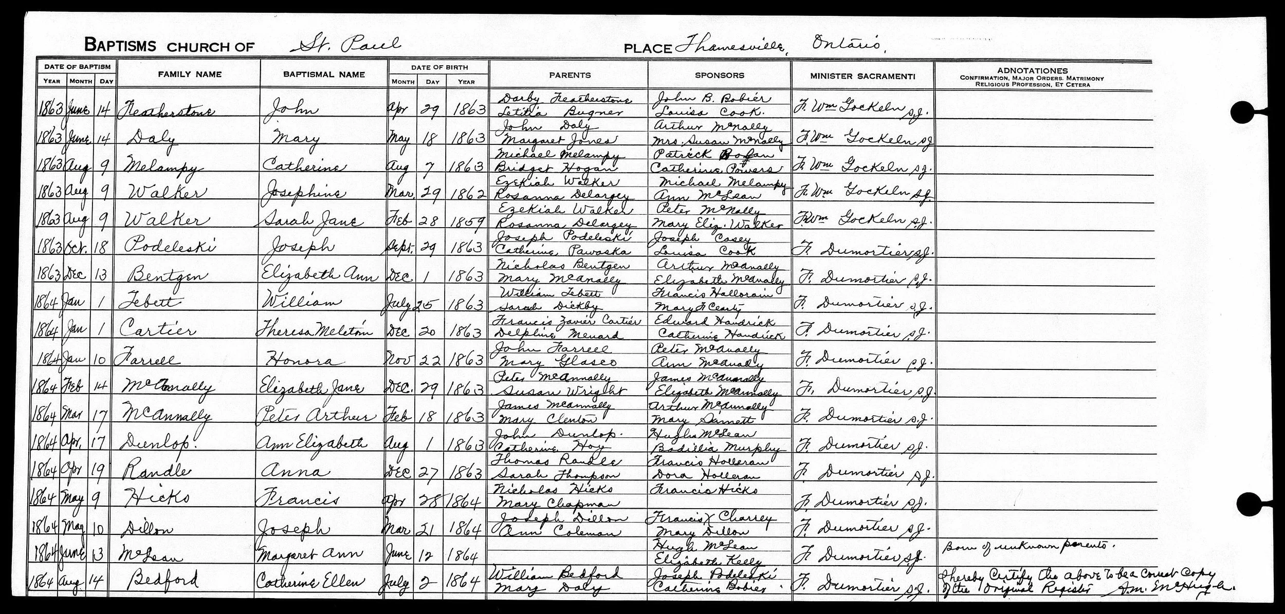 Thamesville baptism of Theresa Meleton Cartier, 1 January 1864