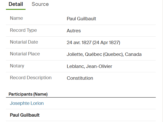 1827 Notarial register index — line 24: Constitution de rente viagère par Jos. Lorion en fav. de Paul Guilbault