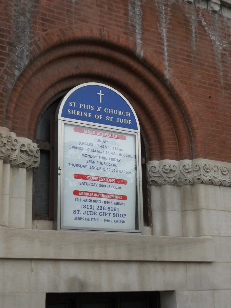 St. Pius V Church facade with tower