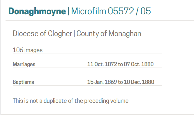 Donaghmoyne microfilm availability showing registers only from 1869