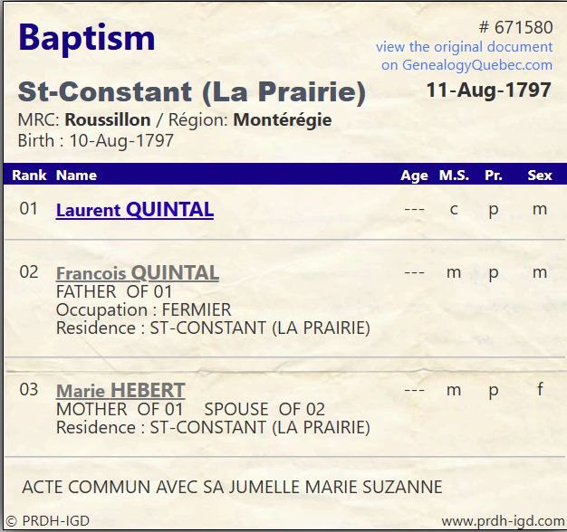 PRDH-IGD database record #671580 for Laurent Quintal