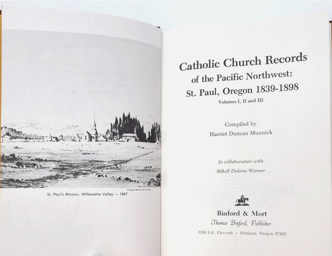 Inset page from Catholic Church Records showing title page with St. Paul's Mission, Willamette Valley — 1847 photograph
