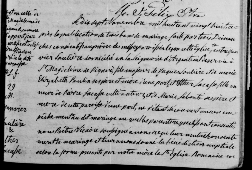 Detail of the 1828 marriage of Janvier Soulière