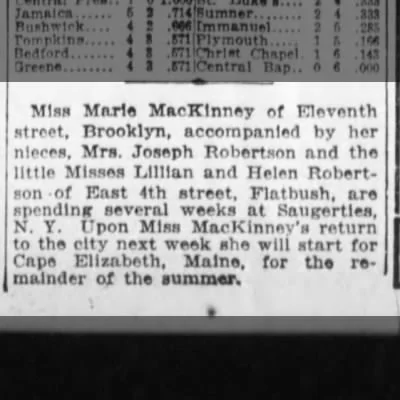 Brooklyn Eagle society clipping Miss Marie MacKinney accompanied the little Misses Lillian and Helen Robertson Saugerties New York vacation
